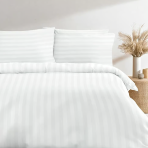 100% Cotton Sateen Stripe 300TC Classic Duvet Cover Set – White